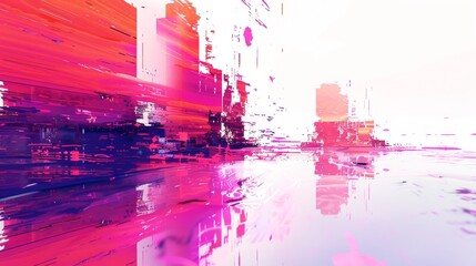 A cityscape with pink and blue buildings and a pink and blue sky. The buildings are in a distorted, pixelated style