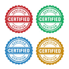 Set of certified rubber stamp. Grunge red, black badge with certified text in frame or round.