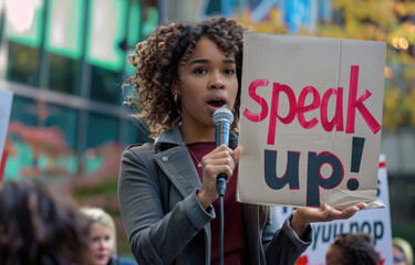 A woman holding up an sign that says "speak up!" and speaking into the microphone