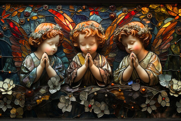 A stained glass angels in the window  praying