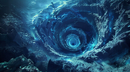 Cinematic shot a surreal ancient alien inter-dimension in big wave