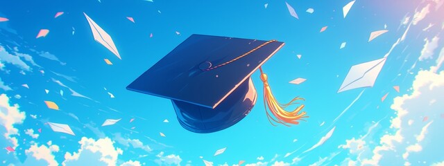 A black graduation cap with yellow tassels floats in the blue sky with sunlight and bokeh background for school education concept banner design. White clouds, paper planes, envelopes, graduation theme