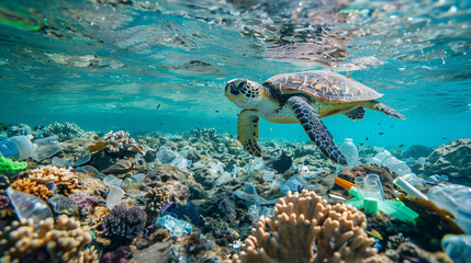 A sea turtle swims among plastic trash.
