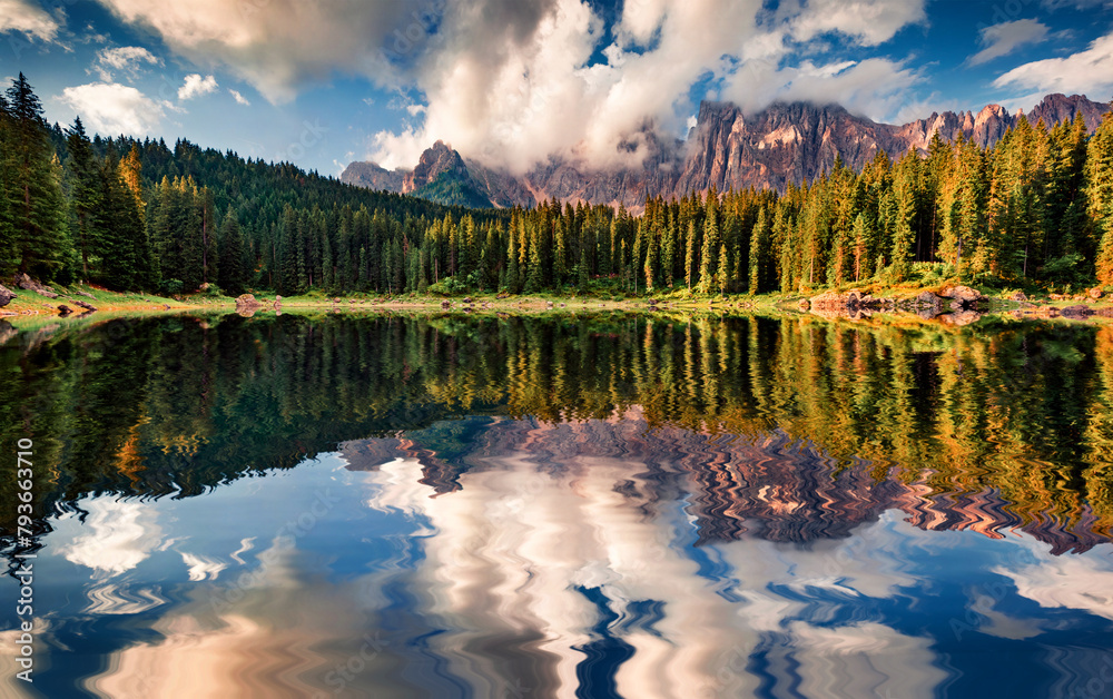 Wall mural colorful summer view of carezza (karersee) lake. wonderful morning scene of dolomiti alps, province 