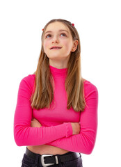Portrait of fourteen year old teenager in braces dreaming about something isolated on white background. Blondy caucasian girl in pink turtleneck looks up and posing in studio.