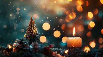 Blurred background with a garland featuring a Christmas tree shaped candle