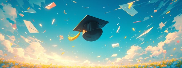 A black graduation cap with yellow tassels floats in the blue sky with sunlight and bokeh background for school education concept banner design. White clouds, paper planes, envelopes, graduation theme