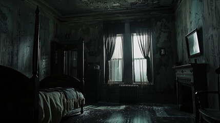 a dark creepy bedroom with light shining through the window, abandoned and dusty furniture, creepy atmosphere