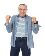 Portrait of sixty year old man in glases winning the prize, isolated on white background. Happy man in striped shirt showing yes sign and posing in studio.