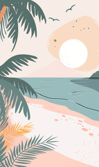 Fototapeta na wymiar Minimalist Boho Style Beach Landscape Illustration