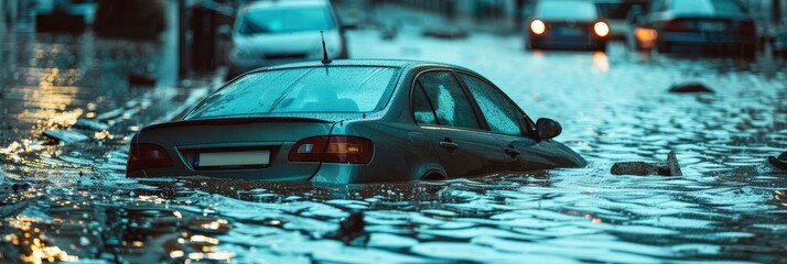 Blue car sinking in the water on the street.