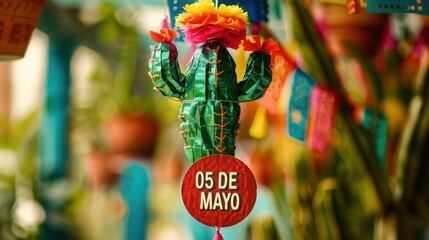 Cinco de Mayo themed party pinata with a cactus shape and colorful colors, with text 05 DE MAYO