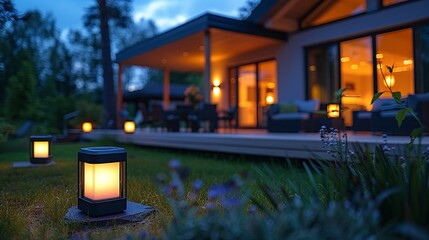 Through a series of realistic stock photos the integration of motion detector lights in homes and businesses is showcased