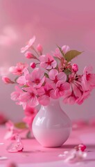 Chic pink cherry blossoms in white vase on soft pastel background with text space