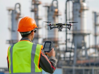 Engineer in safety gear operates a drone at an industrial plant for inspection tasks.