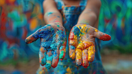 Children's hands stained with paint. Children's hands in paint for drawing.
