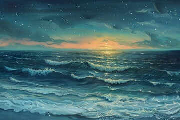 Serene seascape at dusk with gentle waves and a starry sky, perfect for a lullaby-themed nursery mural