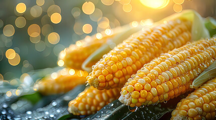 Yellow ripe corn sprinkled with salt. Yellow ear of corn with drops of water.