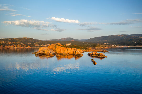 La Marinedda wild beach aerial drone view in Sardinia, Italy