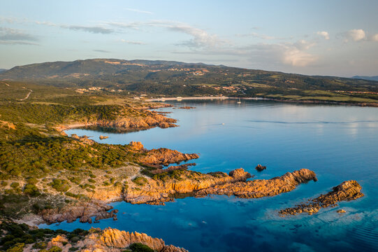 La Marinedda wild beach aerial drone view in Sardinia, Italy
