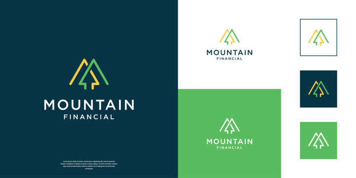 Minimalist mountain and arrow logo design with line art style.