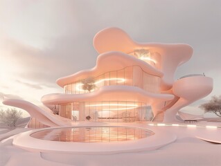 Fototapeta na wymiar A dreamy, curvilinear building with interior lighting glowing against a soft sky at dusk, evoking innovation and tranquility.