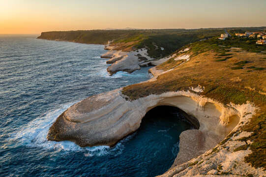 Aerial drone view of Su Riu de Sa Ide white sea cliffs, in Sardinia