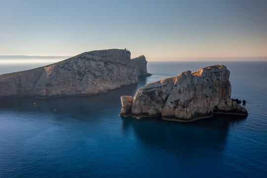 Capo Caccia and Foradada island drone aerial view in Sardinia, Italy