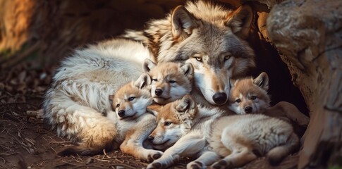 Mother wolf lying in her den with her playful pups. - obrazy, fototapety, plakaty