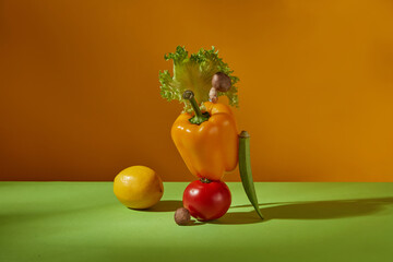 Some organic compositions of a delicious meal for vegetarian featured on green table with blank...