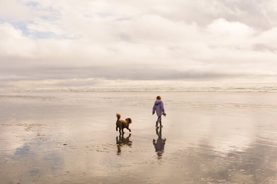 Red head girl walking with mini golden doodle on beach