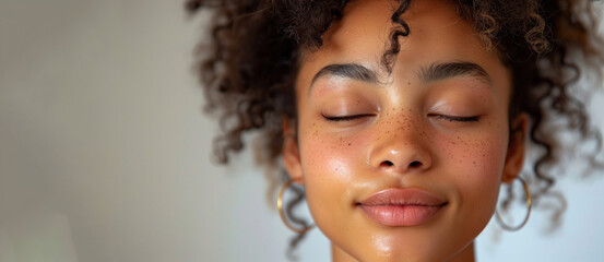 A woman with dark hair and a smile on her face. a woman in a process of been sleepy to have full energy made