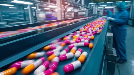 conveyor belt filled with various vibrant pills moving in a factory production line, Pharmaceutical production line in a modern factory - obrazy, fototapety, plakaty