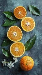 Fresh orange slices with blossoms and green leaves on white background, vibrant citrus concept