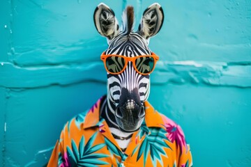 Fototapeta premium Trendy zebra wearing orange sunglasses and a colorful hawaiian shirt, exuding style and fun vibes