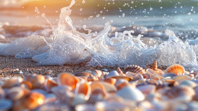 detailed view capturing a collection of different seashells arranged haphazardly on the sandy shore of a beach, Waves crashing on a sandy beach filled with seashells