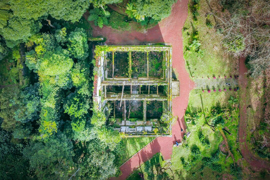 Aerial Ruins Amidst Lush Azorean Greenery, Furnas, Portugal