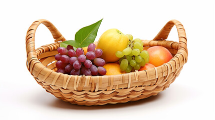 Assorted fresh fruit beautifully arranged on woven bamboo with a clean white background, combining natural elements for a rustic yet elegant presentation.
