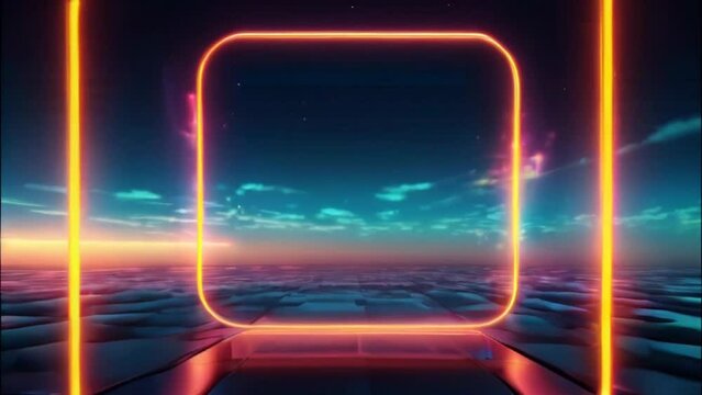 Abstract neon background with glowing square shape and spinning cloud