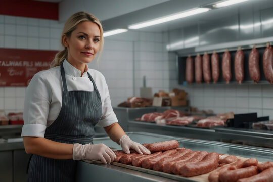 Fleischerin in einer Metzgerei sortiert  frische W&uuml;rste in einer sauberen und modernen Umgebung.