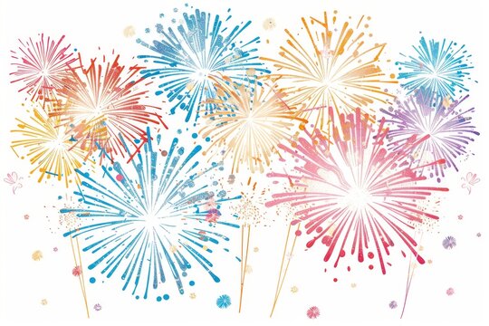 A colorful fireworks display with a white background. The fireworks are in various colors and are scattered throughout the image. Scene is celebratory and festive