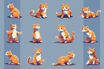 Pixel art characters of pixelated cats in various playful poses.