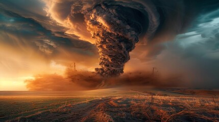 large and powerful tornado cloud looms menacingly over an expansive field, posing a threat to the nearby surroundings, massive twister ripping across open plains - obrazy, fototapety, plakaty
