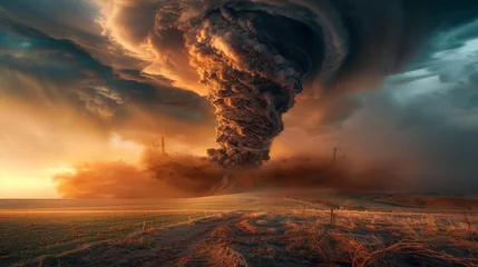 Poster large and powerful tornado cloud looms menacingly over an expansive field, posing a threat to the nearby surroundings, massive twister ripping across open plains © JovialFox