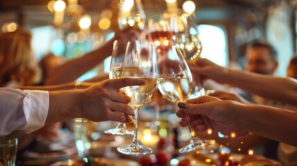 Against the backdrop of a delicious meal, friends toasting offer heartfelt cheers, savoring the simple pleasures of good food and great company. - obrazy, fototapety, plakaty