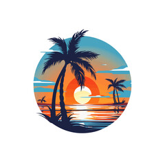 Fototapeta na wymiar beach sunset and palm tree logo design icon symbol vector illustration.