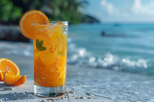 Tropical orange cocktail with blurred beach background,
Peach Juice Glass royalty-free images