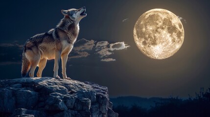 Lone Wolf Howling at Full Moon, Haunting Serenade from Rocky Outcrop