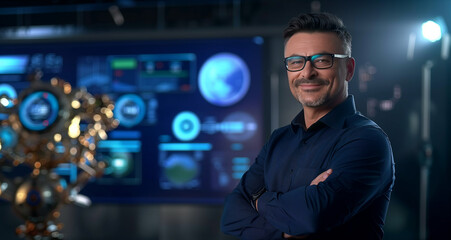 Fototapeta premium A confident engineer with a welcoming smile stands in a high-tech robotics automation laboratory. 