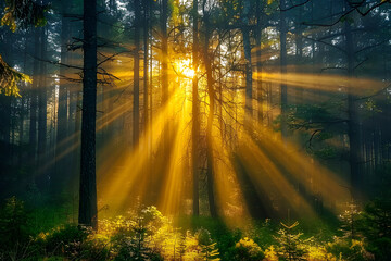 Light breaking through the trees in a calm forest at dawn